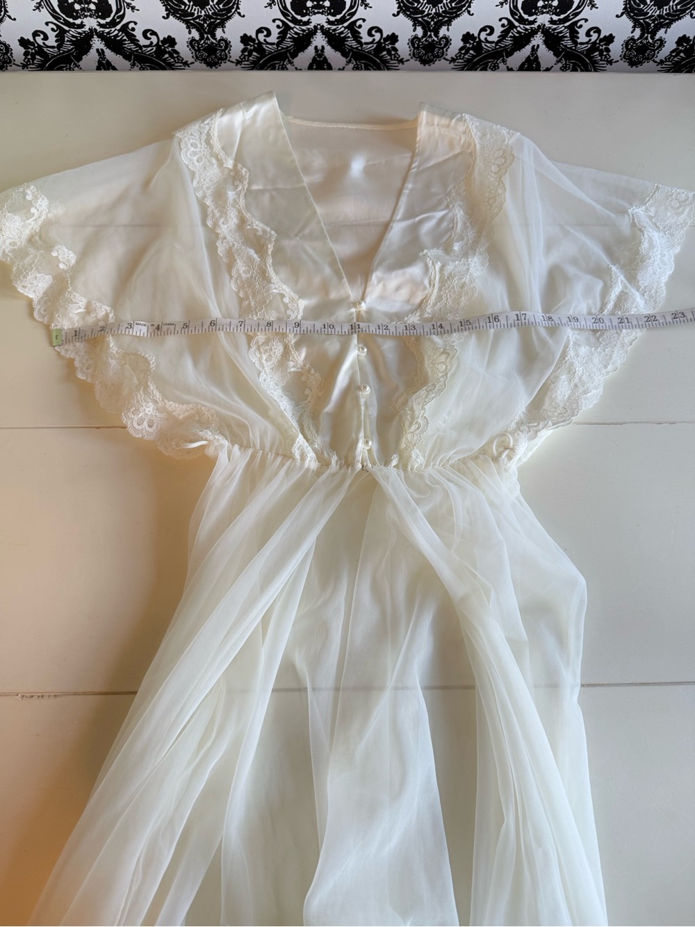 Vintage Val Mode Cream Chiffon Peignoir Made in USA Romantic Lace Maxi Robe - Picture 9 of 11